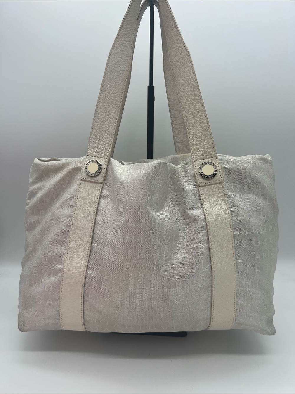 Authentic Bvlgari Tote - white and silver fabric with purple interior